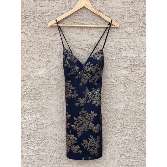 NWT - B. Darlin Black/Gold Floral lace up back Mini Dress - 3/4 - Picture 1 of 4